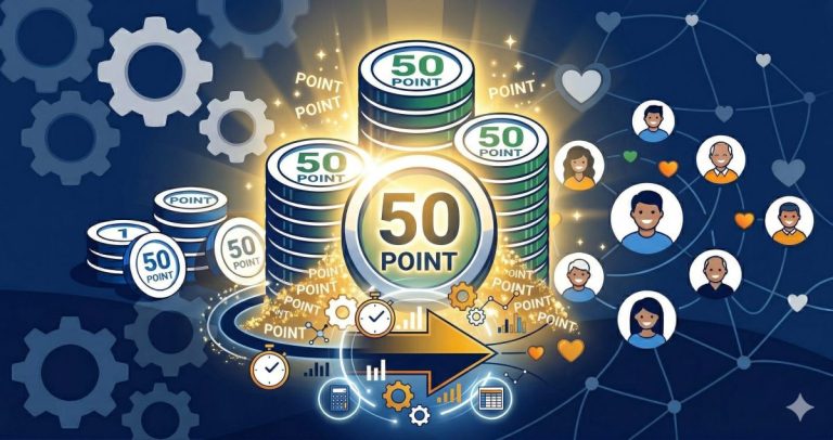 歯車とネットワーク、積み上げられたポイントコインが描かれた、ポイントシステムや効率的な還元をイメージした概念図