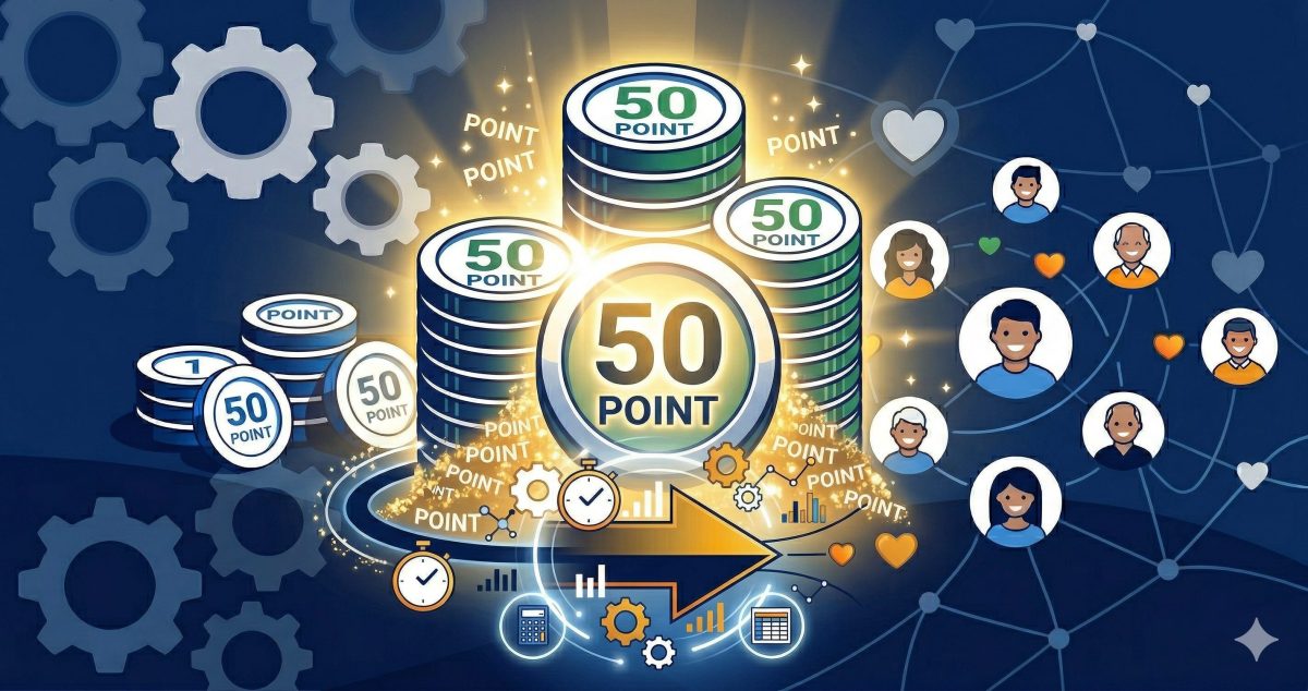 歯車とネットワーク、積み上げられたポイントコインが描かれた、ポイントシステムや効率的な還元をイメージした概念図