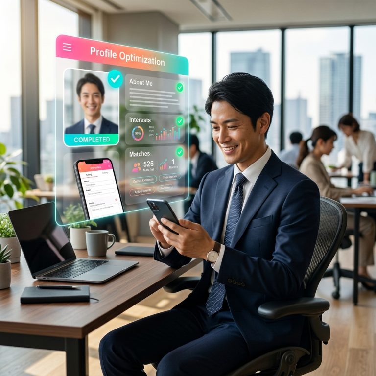 モダンなオフィスでスマートフォンを使い、マッチングアプリのプロフィールを最適化する忙しいサラリーマンと、改善例をイメージしたデジタルエフェクトのアイキャッチ画像