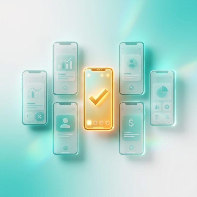 多数の選択肢から最適なアプリを選ぶプロセスを表現した、クリーンな3Dイメージ。ティールとホワイトの背景に複数のスマホ画面が浮かび、中央でチェックマークの付いた黄金に輝く1台が際立つことで、賢い選択と決定を象徴している。