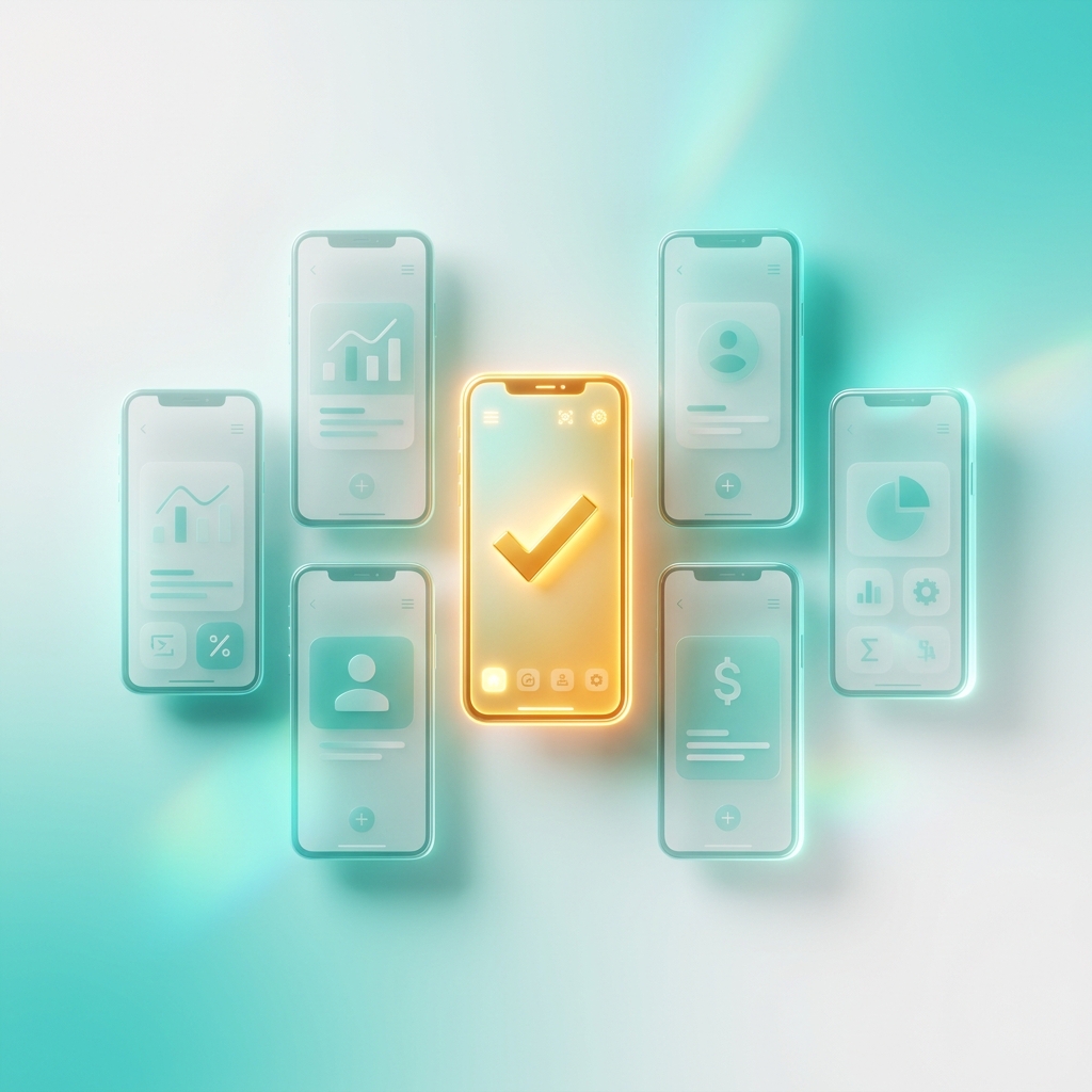 多数の選択肢から最適なアプリを選ぶプロセスを表現した、クリーンな3Dイメージ。ティールとホワイトの背景に複数のスマホ画面が浮かび、中央でチェックマークの付いた黄金に輝く1台が際立つことで、賢い選択と決定を象徴している。