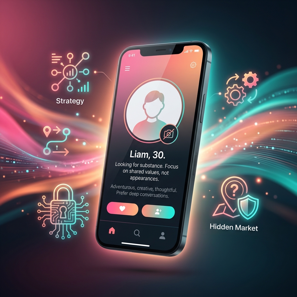 マッチングアプリの配色（ピンクと水色のグラデーション）を基調とした、写真なしプロフィールの攻略戦略をイメージしたアイキャッチ画像