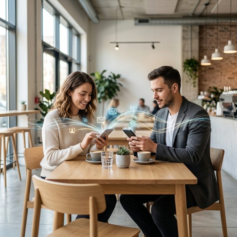 出会いアプリでの会話のスループット（情報量）を可視化した、カフェでスマホを操作する男女のアイキャッチ画像