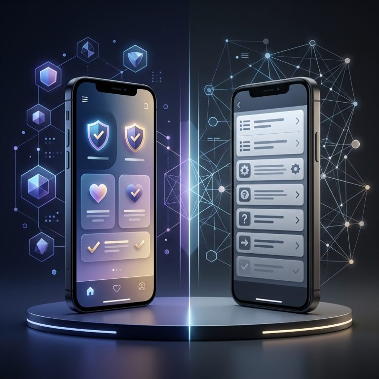 出会いアプリと出会い系サイトの違いを比較する、2つのスマートフォンが並んだ3Dイメージ。セキュリティを象徴する盾のアイコンがあるモダンなUIと、リスト形式の伝統的なUIが対比され、サービスの選択基準を表現している。