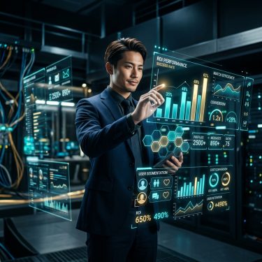 ハイテクな環境でホログラムのデータチャートを操作するサラリーマン。出会いアプリのROI（費用対効果）やマッチング効率を分析するグラフが浮かび上がり、戦略的な運用を象徴している。