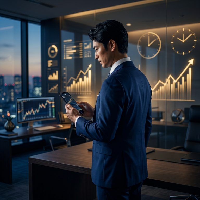 「投資の黄金律」をテーマにしたブログのアイキャッチ。洗練されたスーツ姿のサラリーマンがスマートフォンを確認しており、背景には黄金に輝く投資のデータチャートや時計のモチーフが浮かび上がっている