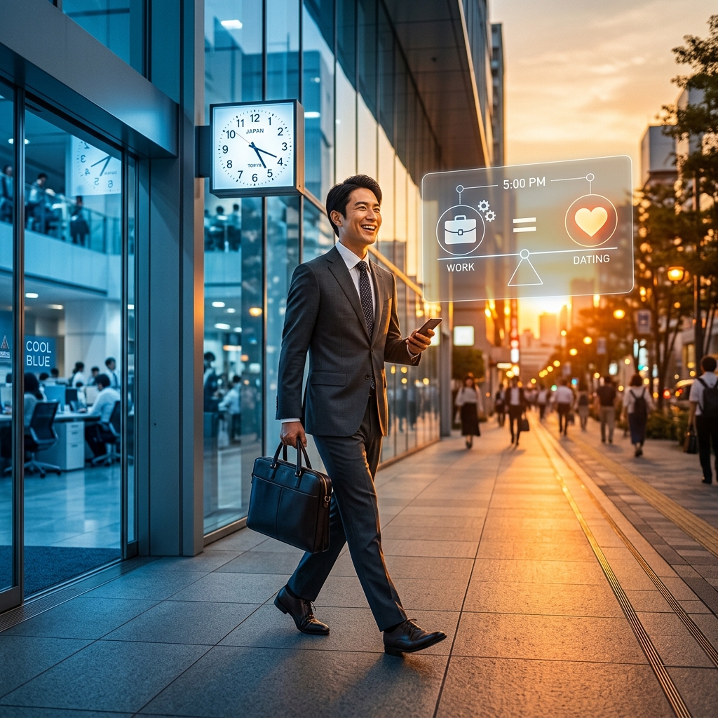定時（午後5時）ぴったりに笑顔でオフィスビルを出るサラリーマン。仕事と恋愛のバランスを最適化した「タイムマネジメント」を象徴するホログラムUIが浮かび、充実したアフター5の始まりを表現している。