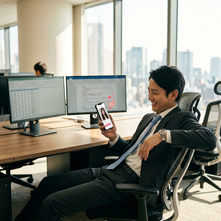 日差しが差し込む明るいオフィスで、PCの仕事を中断して椅子に深くもたれかかり、楽しそうにマッチングアプリをチェックするサラリーマン。勤務時間中のわずかな隙間時間を出会いのために活用する様子を表現。