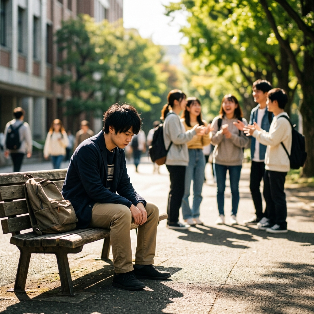学生時代にモテなかった原因を分析するためのイメージ。キャンパスでの孤独感と、周囲の充実した学生生活との対比。