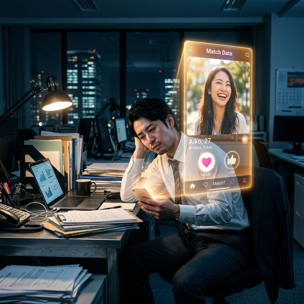 深夜、仕事の山に囲まれたデスクに座るサラリーマン。スマートフォンの光からマッチングアプリで微笑む女性のプロフィールがホログラムのように浮かび上がり、孤独な仕事の時間と出会いへの強い願いを象徴している。