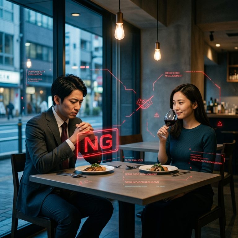 初デートでのNG行動を可視化した、レストランの男女に重なる大きな赤い『NG』文字と警告エフェクトのアイキャッチ画像