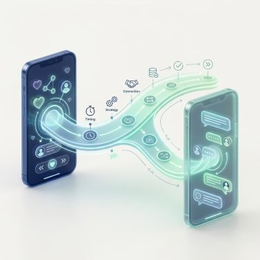 LINE交換のタイミングと戦略的設計を可視化した、プレゼンスライド風の3Dインフォグラフィック画像