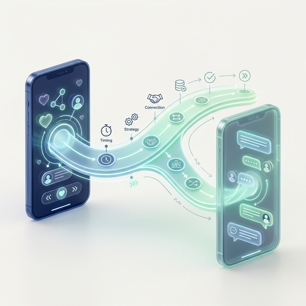 LINE交換のタイミングと戦略的設計を可視化した、プレゼンスライド風の3Dインフォグラフィック画像