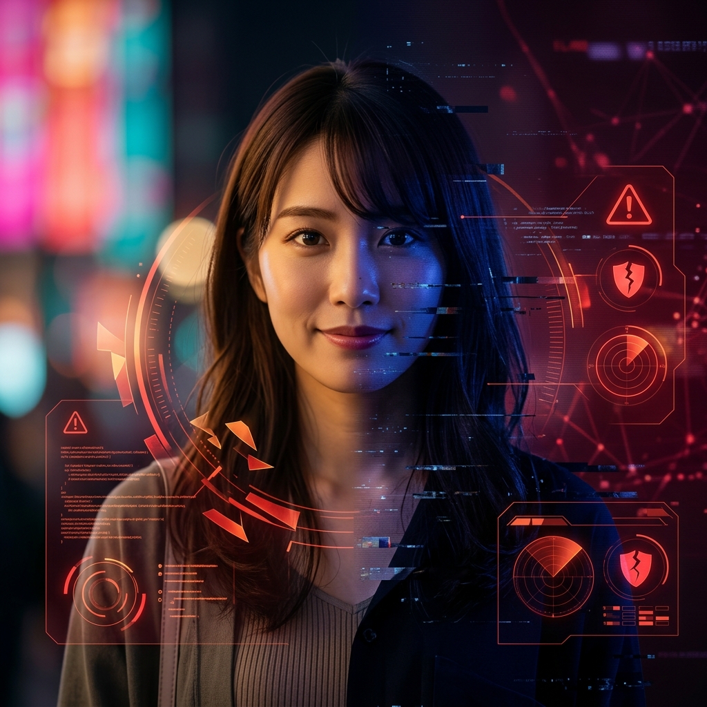 マッチングアプリの危険なアカウントを分析するリスクアセスメントをイメージした、女性の二面性と警告アイコンのアイキャッチ画像