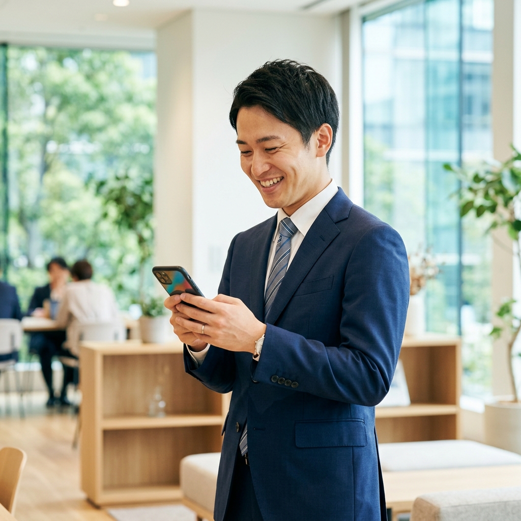 スマホで出会いアプリを探す笑顔のサラリーマン。昼間の明るい室内背景