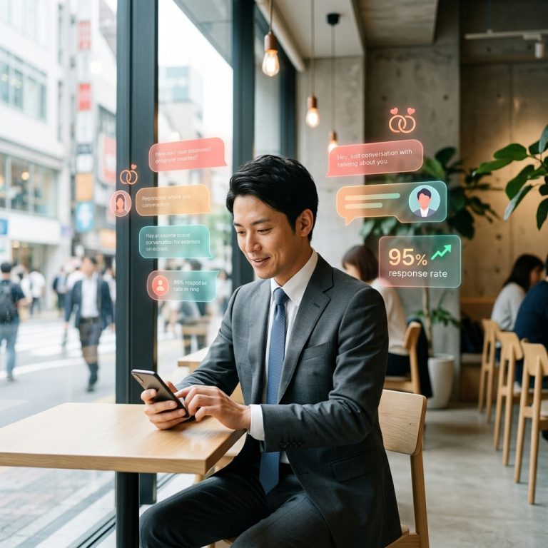 カフェでスマートフォンを操作し、マッチングアプリの初メッセージを考えるスーツ姿の日本人サラリーマンと、返信率向上をイメージしたデジタルエフェクトのアイキャッチ画像