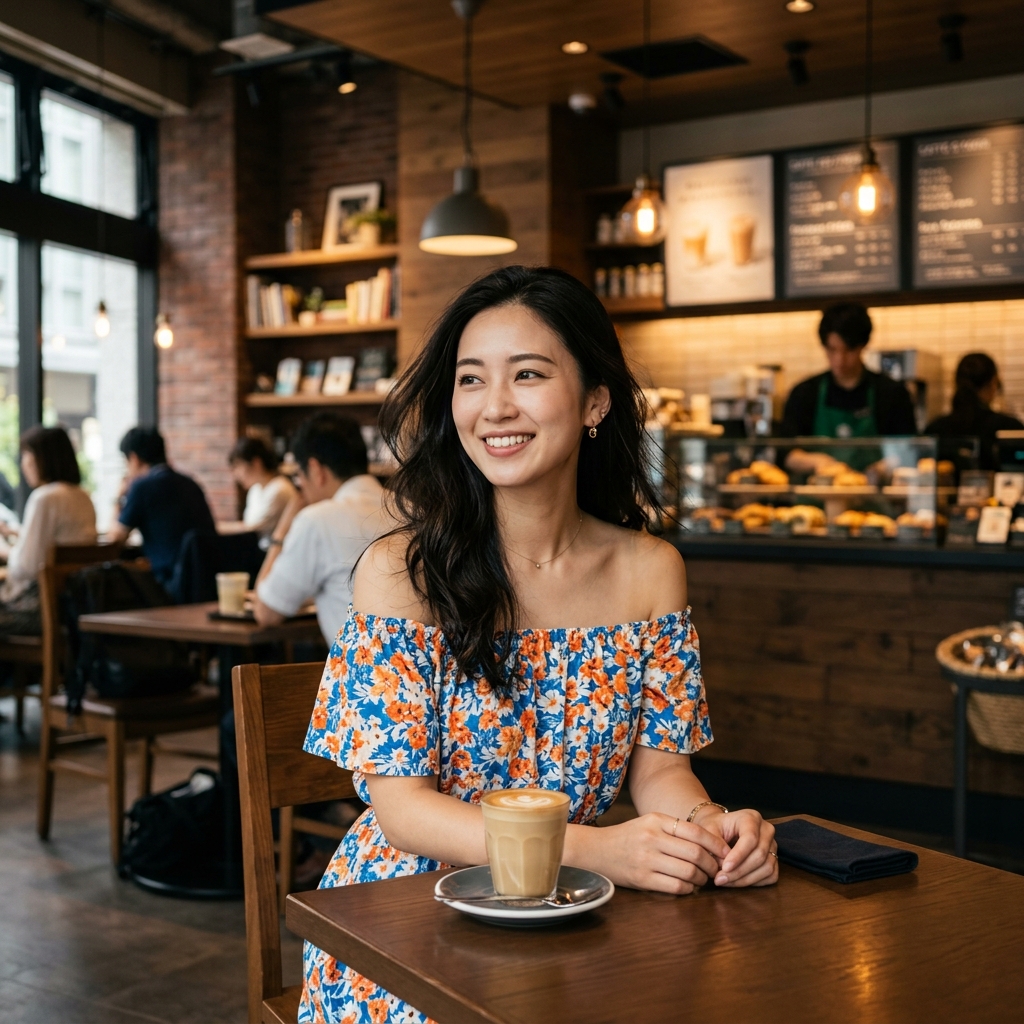 落ち着いた雰囲気のモダンなカフェで、花柄のオフショルダーワンピースを着てくつろぐ日本人女性の3Dイメージ。背景にはコーヒーカウンターやメニューボードがあり、日常的でおしゃれな空間でのリラックスした休日のひとときと、ポジティブな出会いの予感を表現している。