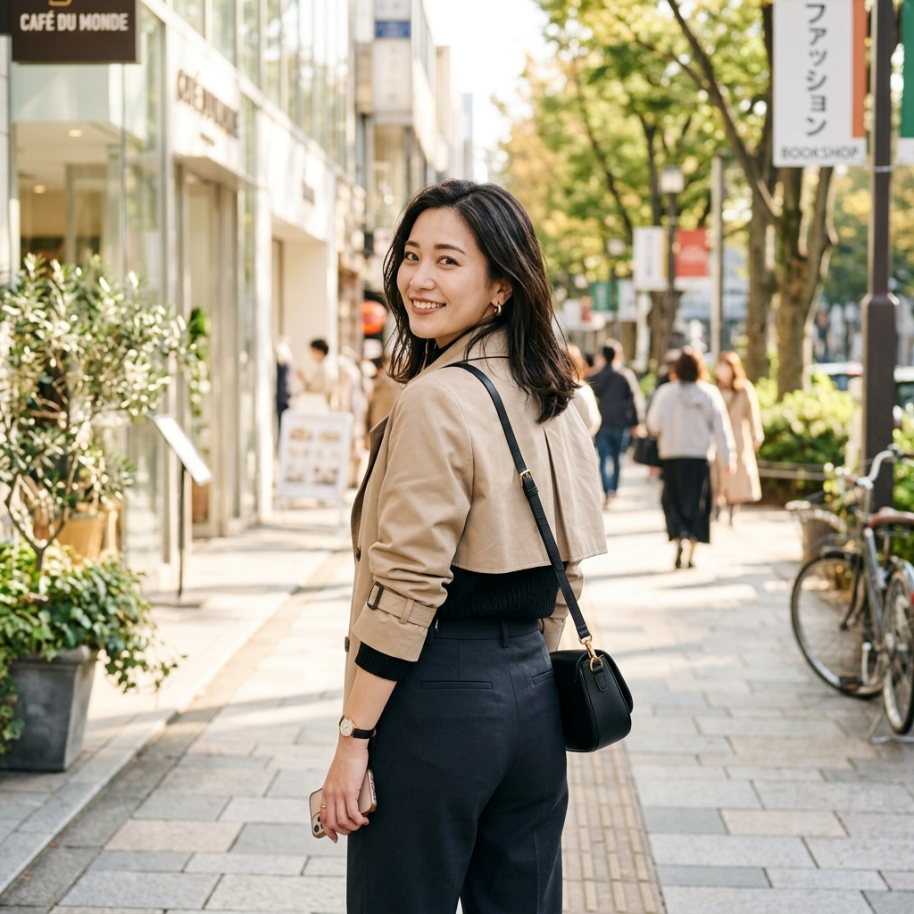 笑顔で振り向く女性。ワクワクメールやハッピーメールなどの出会い系アプリ比較に最適なアイキャッチ。昼間の明るい背景