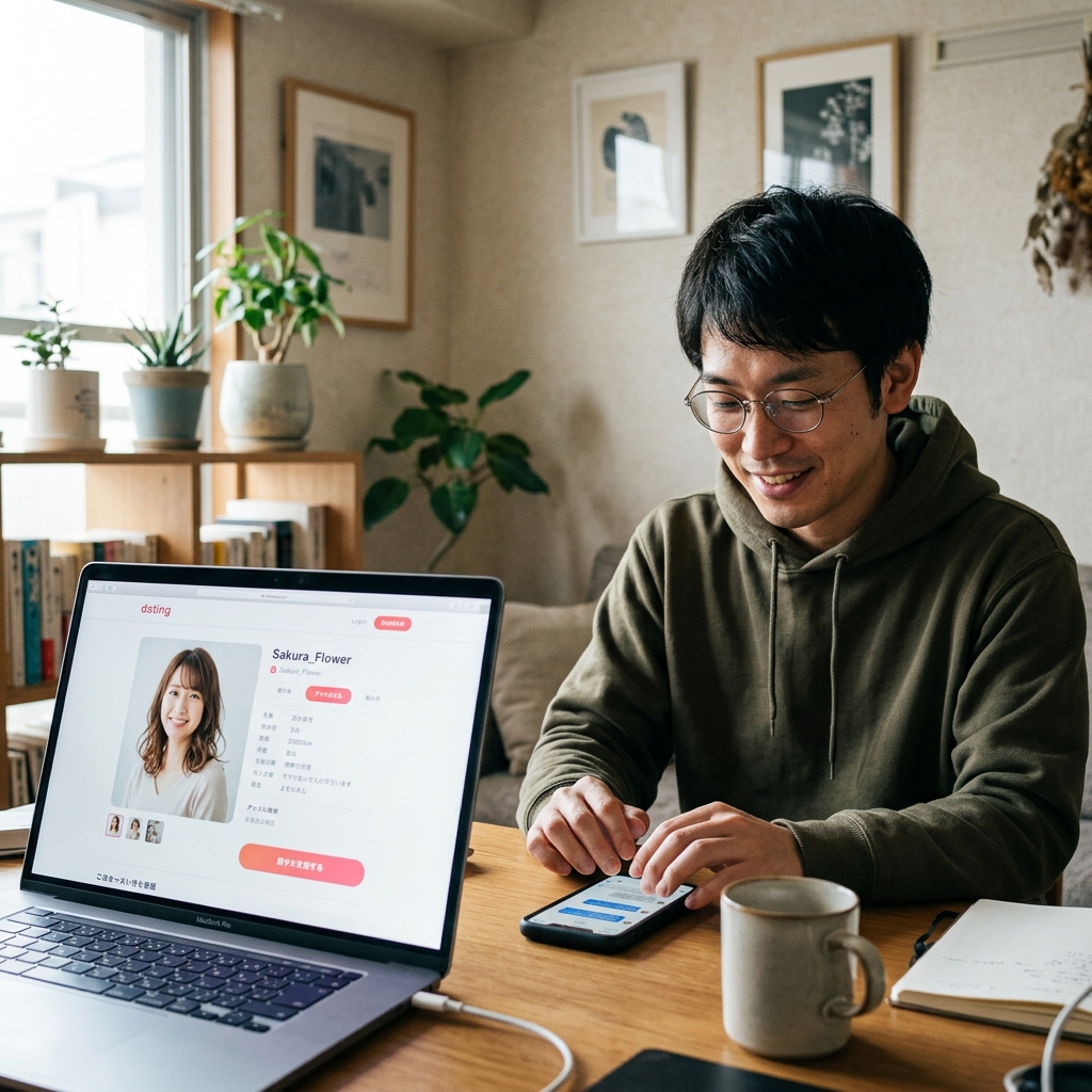 ワクワクメールの業者・サクラの見分け方 - パソコンで女性の偽プロフィールを表示しながらスマホを操作する一般男性