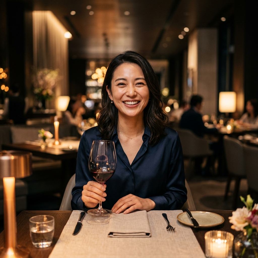ワクワクメールは本当に出会える？（レストランで男性と楽しくディナーデートする魅力的な女性）